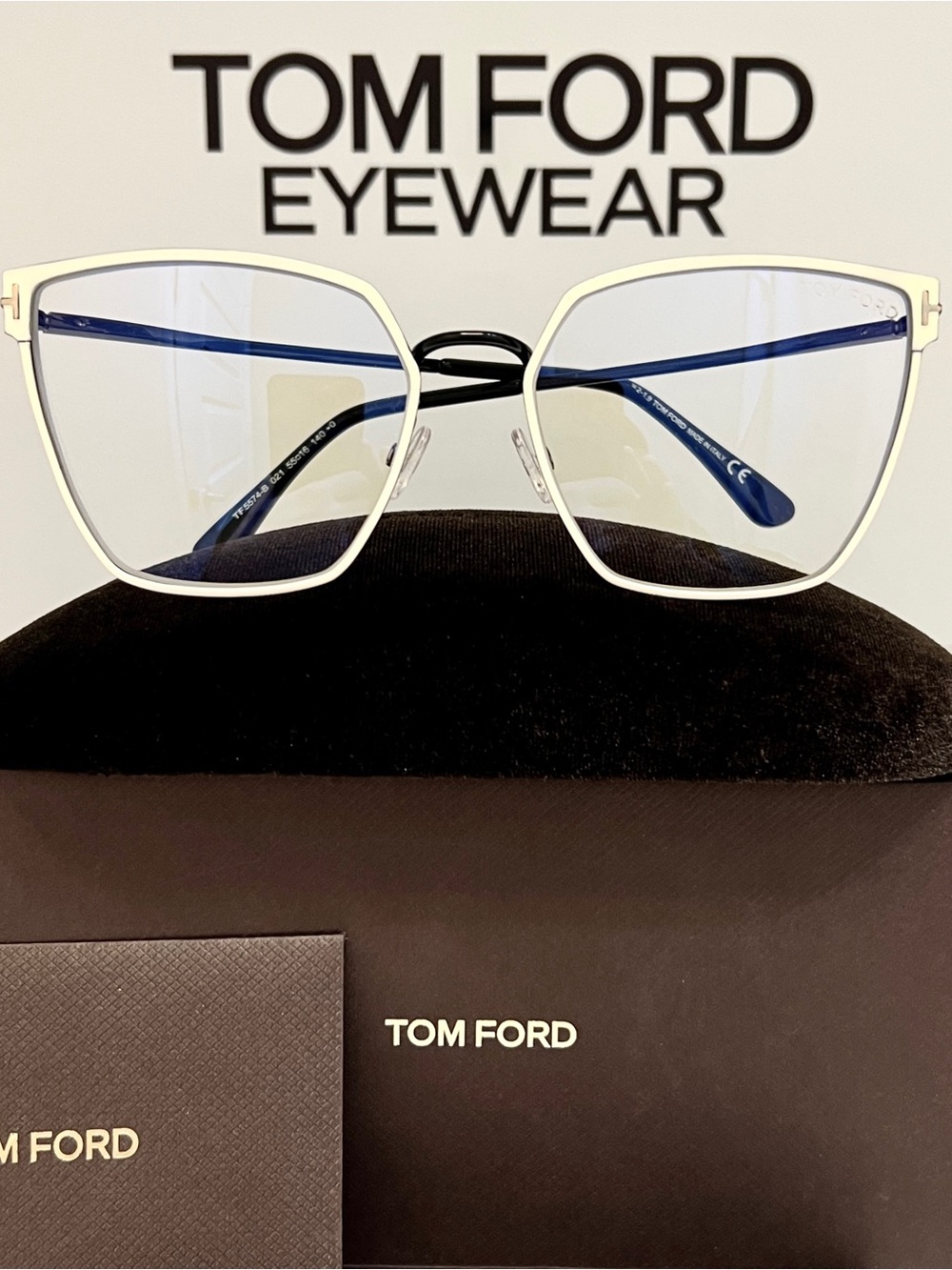 Tom Ford TF5574-B 021 Blue Block Eyeglasses – White/Black Designer Luxury Frames